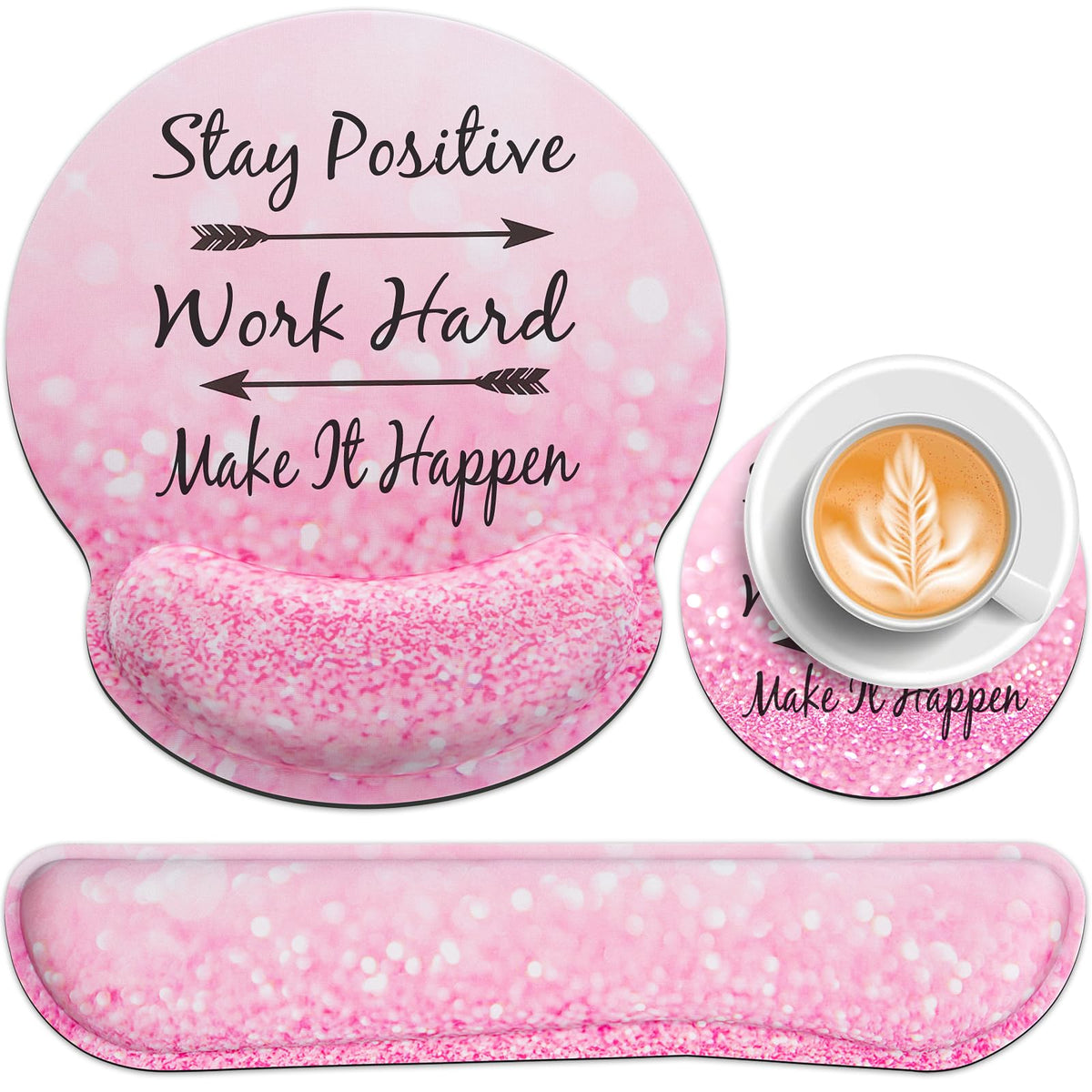 QOMOLAMA Mouse Pad with Wrist Rest Set Pink, 3-in-1 Wrist Support Mousepad Set,Gaming Mat Pad with