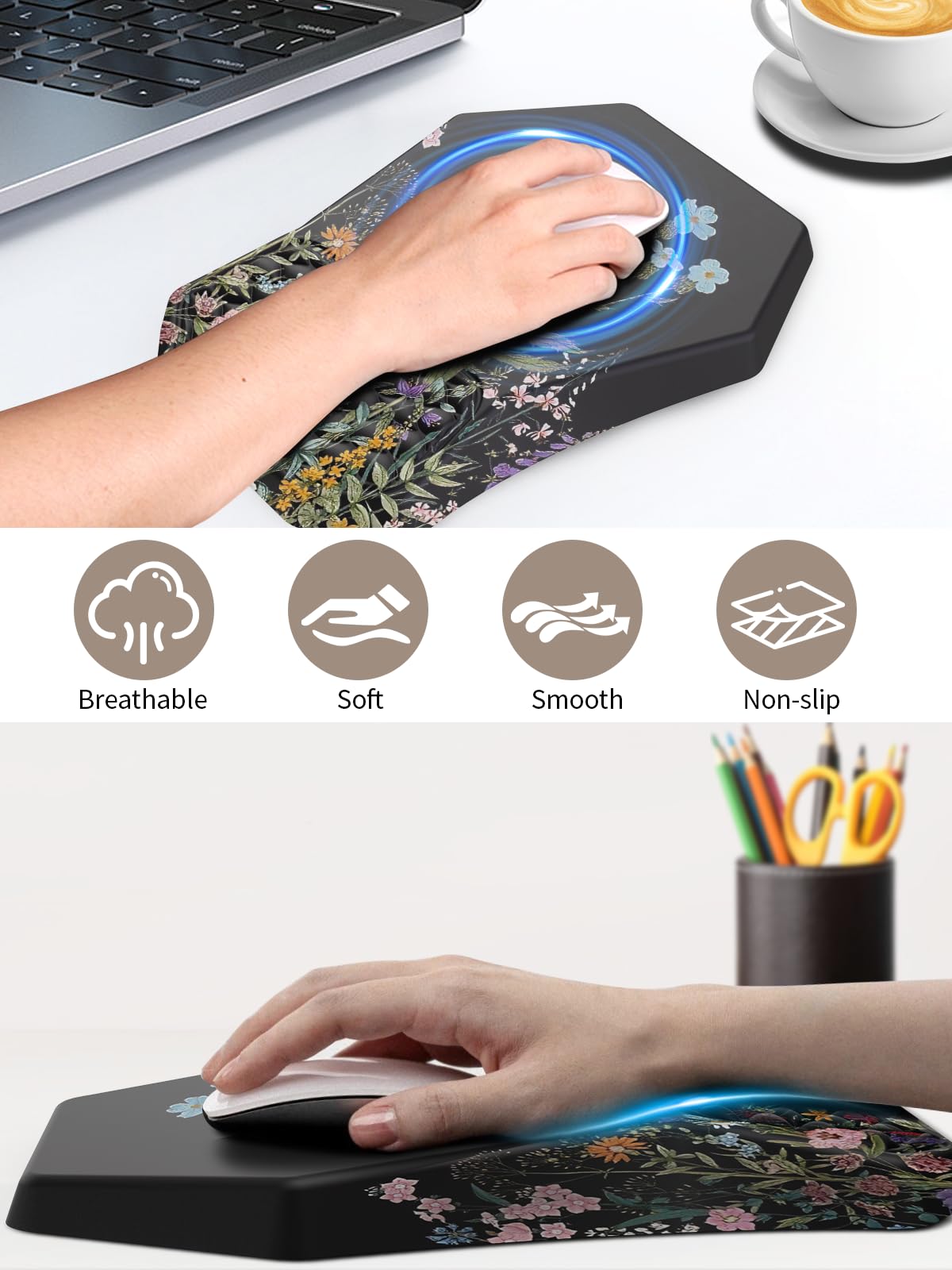 3-in-1 Ergonomic Keyboard Stand with Wrist Rest & Mouse Pad Set, Flower