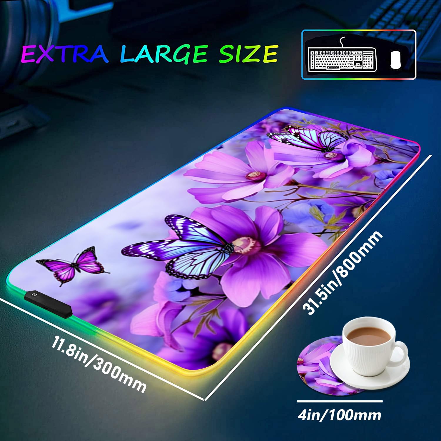 RGB Gaming Mouse Pad with Coffee Coaster, XXL Large Glowing LED Mousepad, Anti-Slip Rubber Base