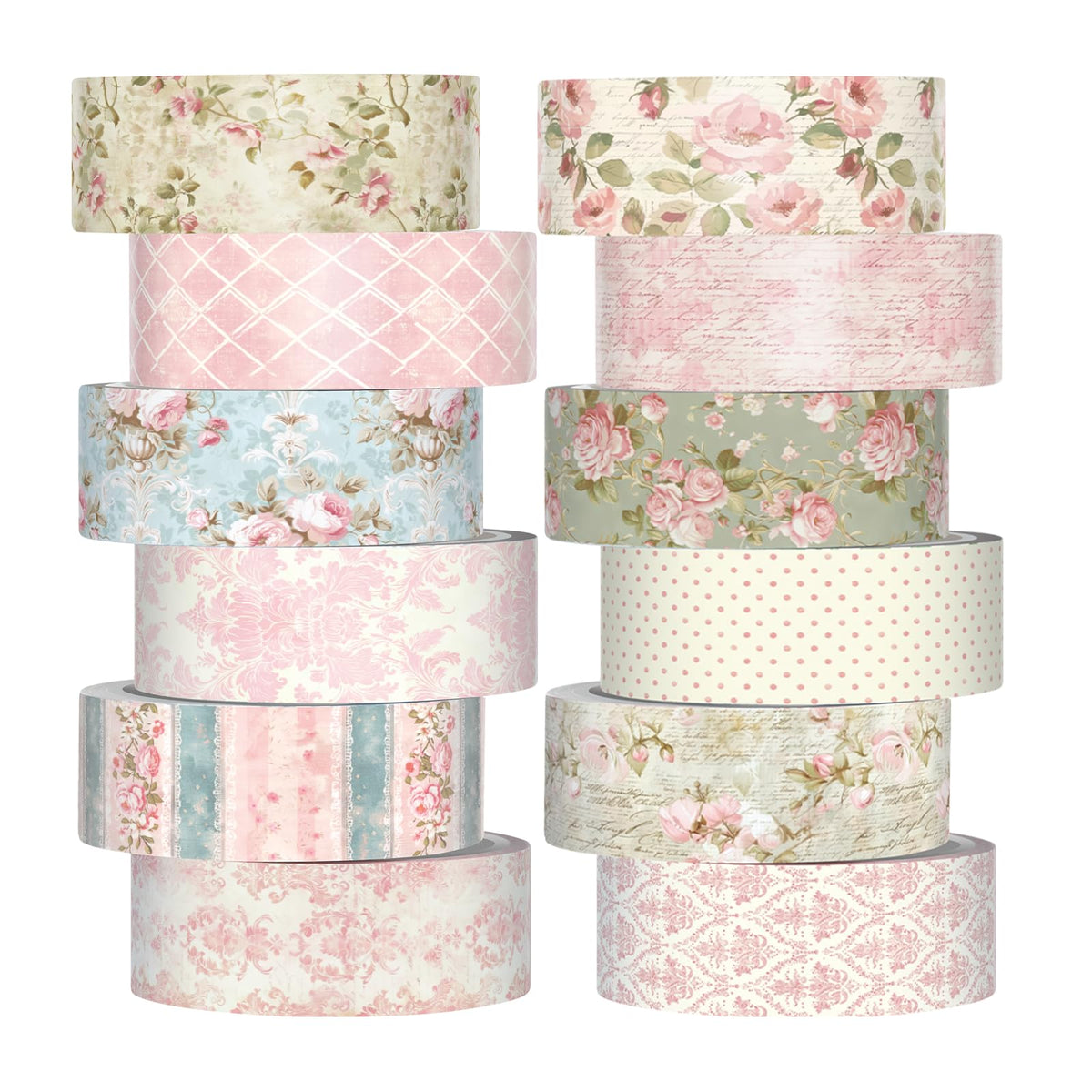 YooNotee 12 Rolls Floral Washi Tape Set,Vintage Pink,Rose