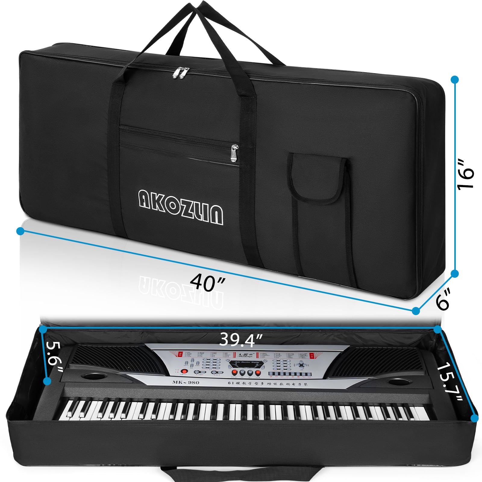 AKOZLIN 61 Keys Portable Padded Keyboard Case,40"x6"x16" Soft Gig Bag