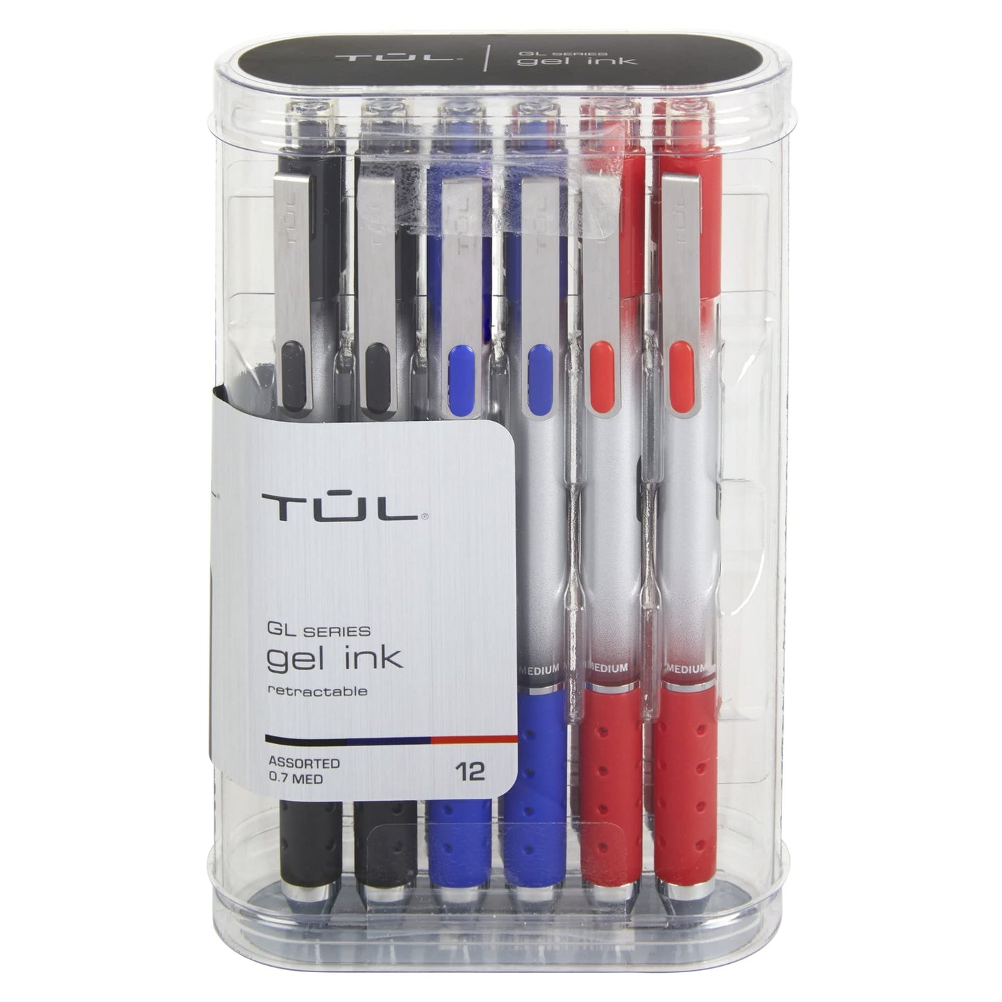 TUL® GL Series Retractable Gel Pens, Medium Point, 0.7 mm, Silver Barrel, Assorted Business Inks