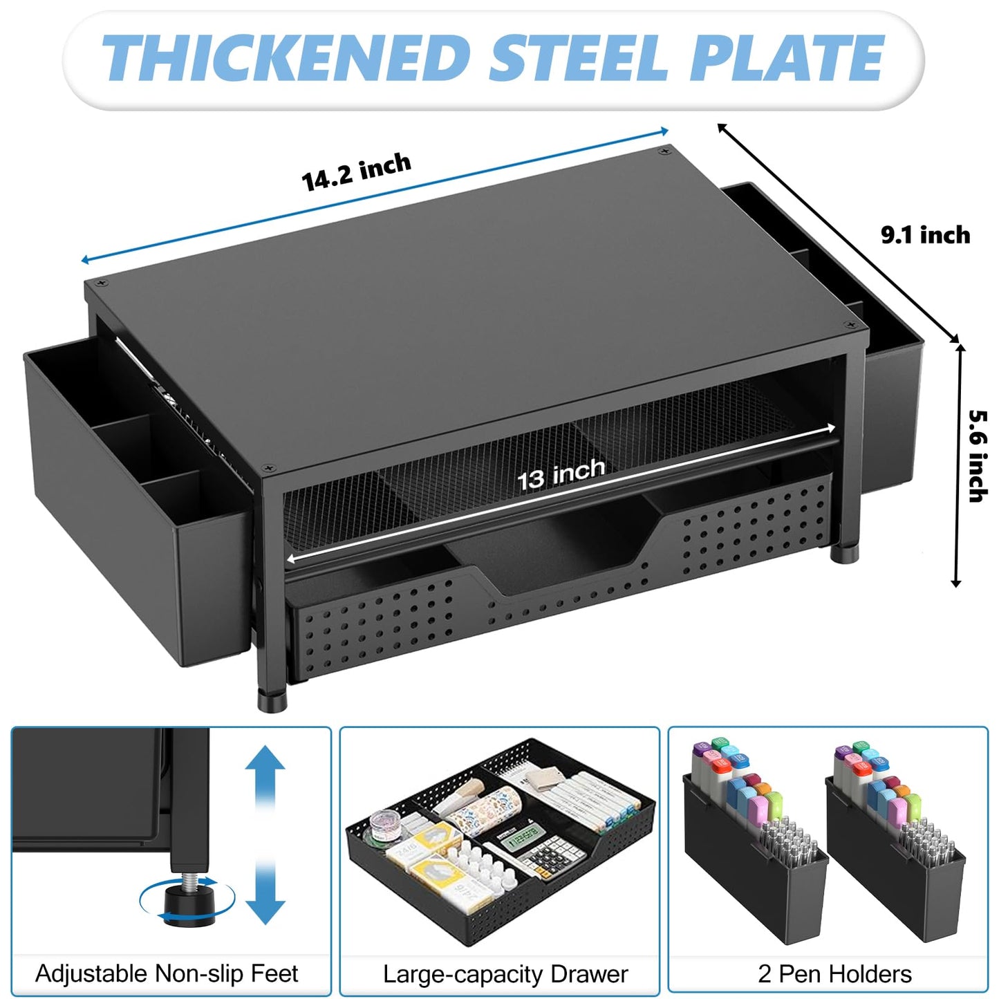OPNICE Desk Organizers and Accessories, Computer Monitor Stand Riser with Drawer and 2 Pen Holders
