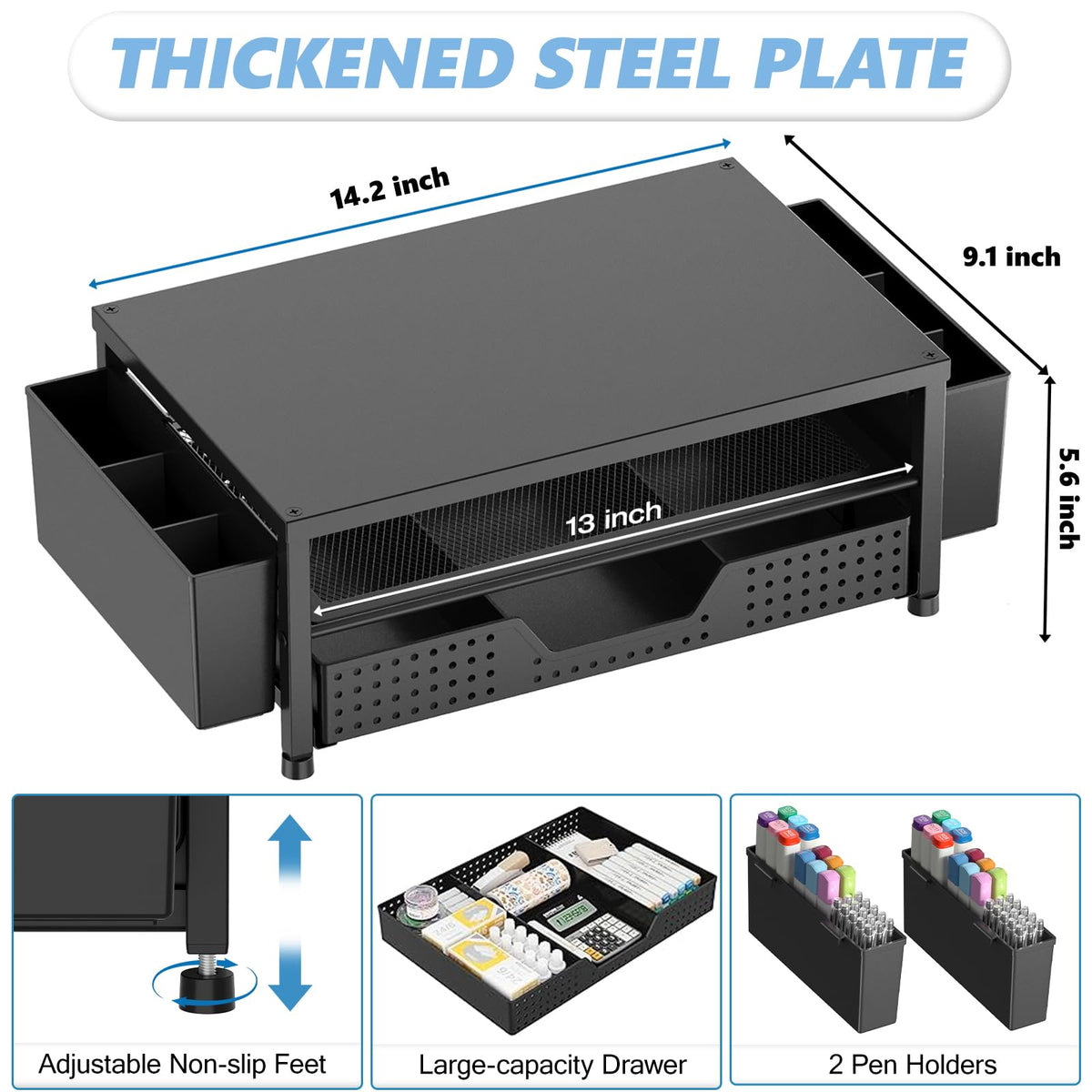 OPNICE Desk Organizers and Accessories, Computer Monitor Stand Riser with Drawer and 2 Pen Holders