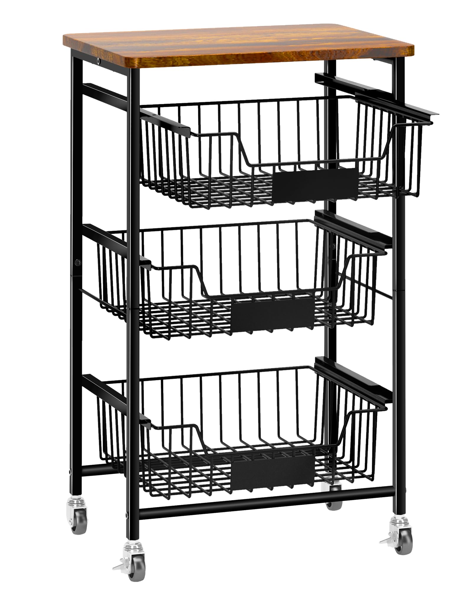 OKZEST 4-Tier Kitchen Storage Cart with 3 Upgraded Drawer Basket & Wood Top
