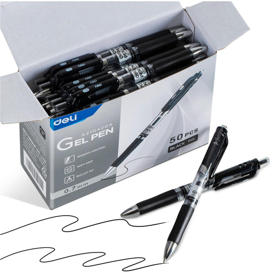 deli Gel Pens, 50 Pcs Retractable Pens Black Ink, Medium Point Pen 0.7mm