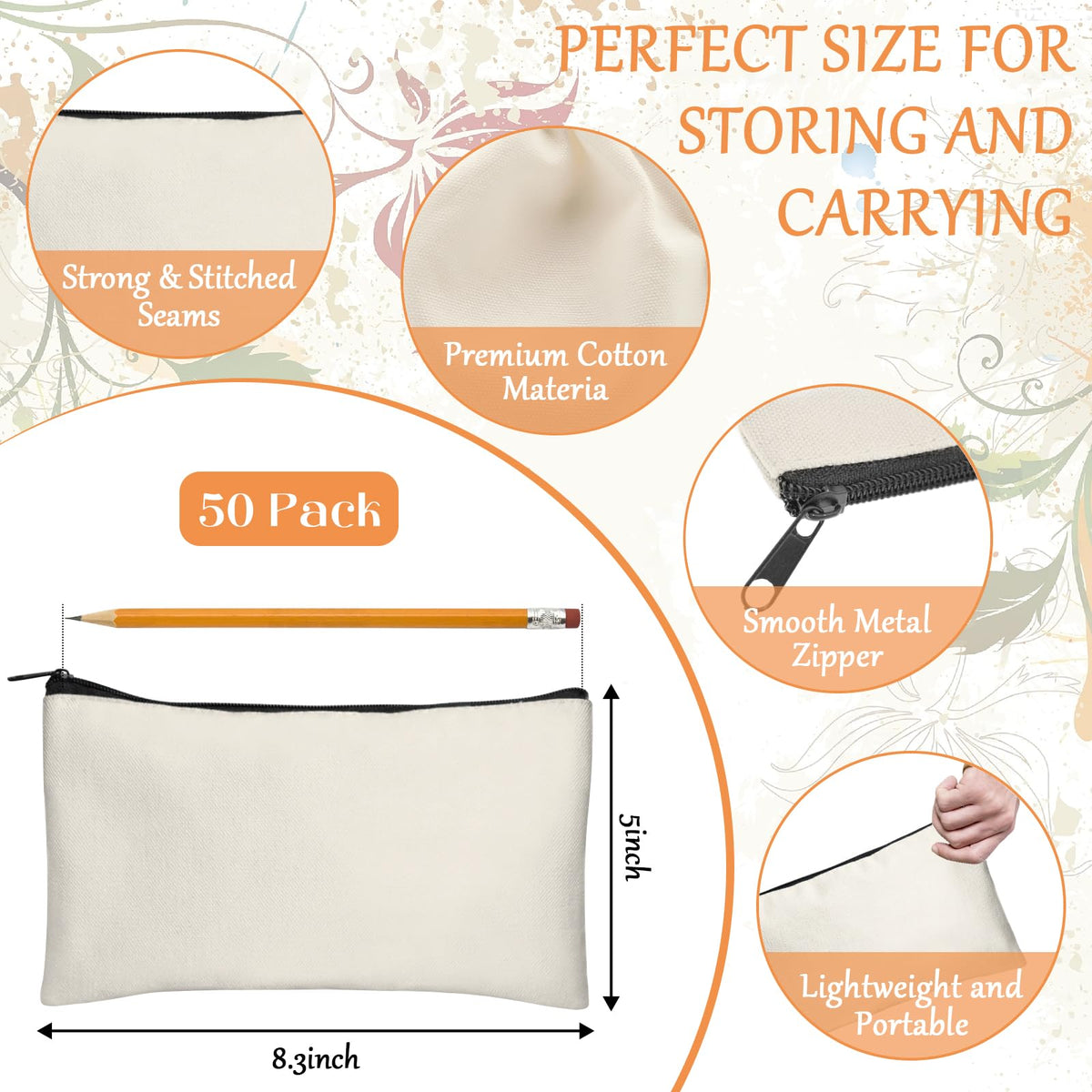Legigo 50 Pack Blank Canvas Bag Zipper Pouch Makeup Bags Bulk - Beige Multi-Purpose Canvas Pencil