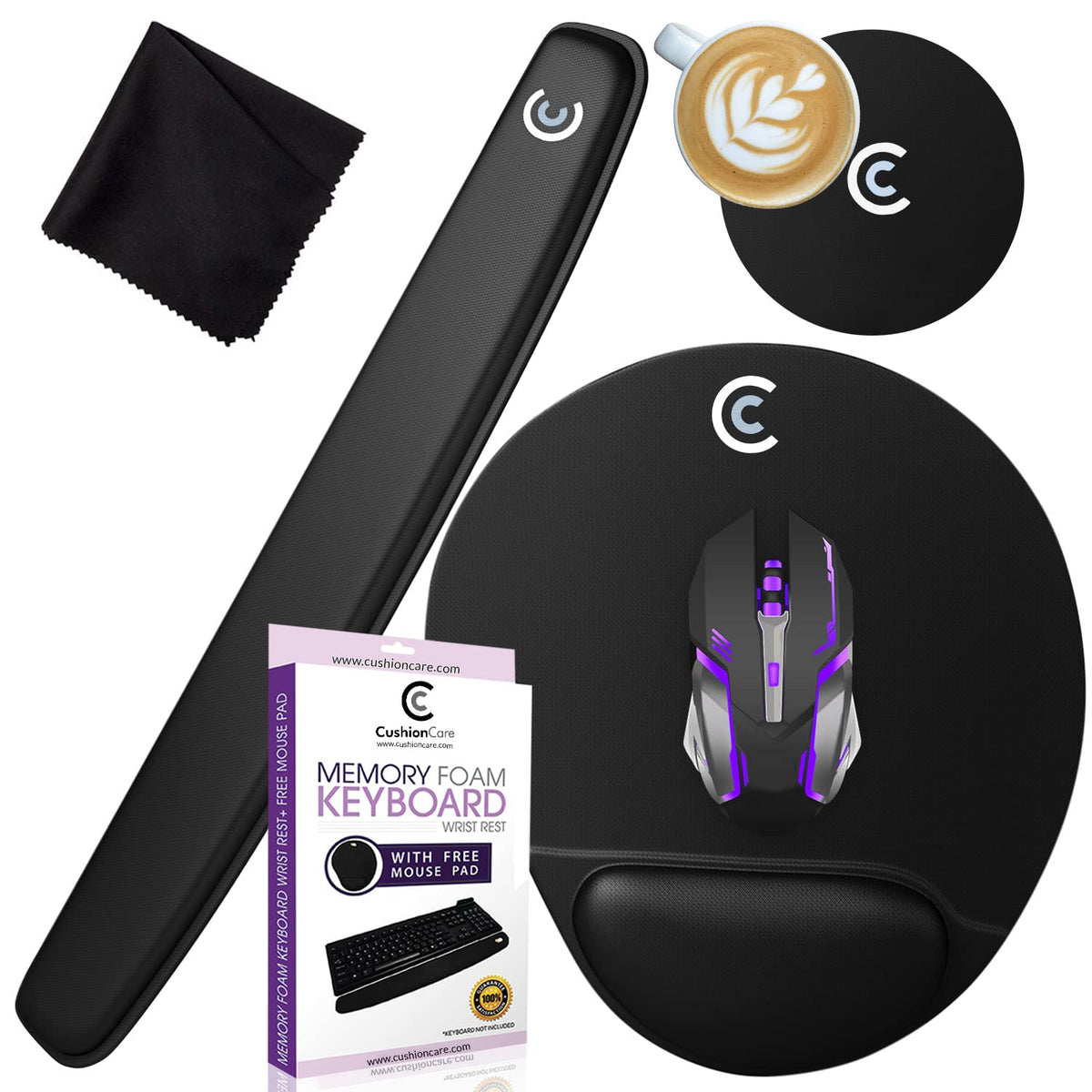 4pc Premium Wrist Rests for Keyboard and Mouse Pad Set - Memory Foam Cushion, Black - Ergonomic