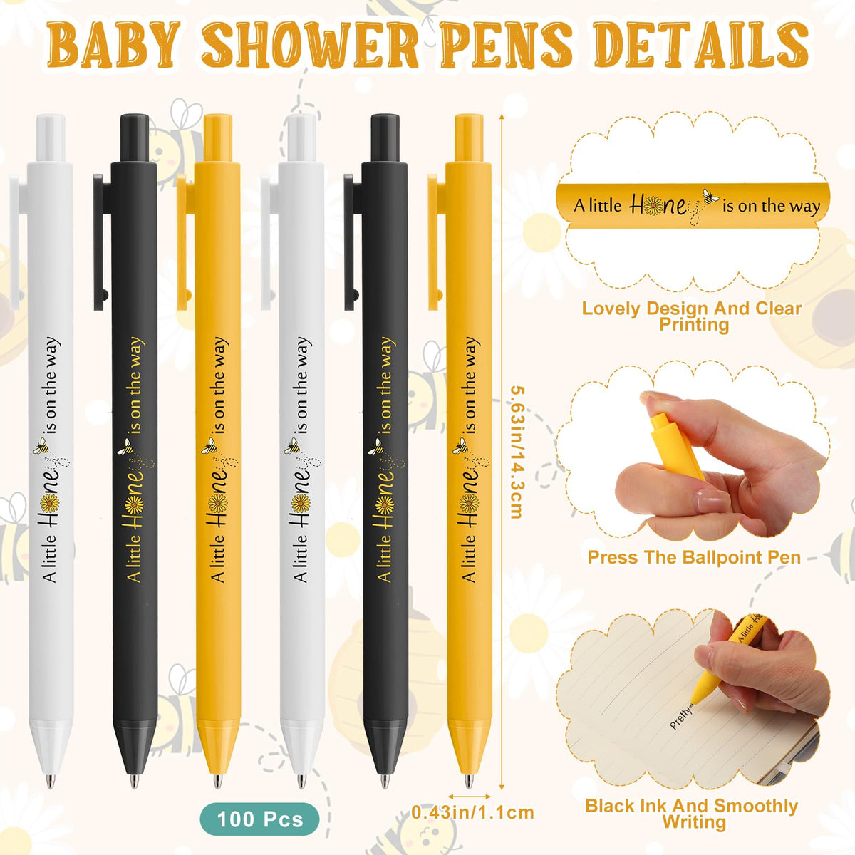 Engrowtic 100 Set Bee Baby Shower Gifts Pens for Guest Bee Themed Baby Shower Party Favors