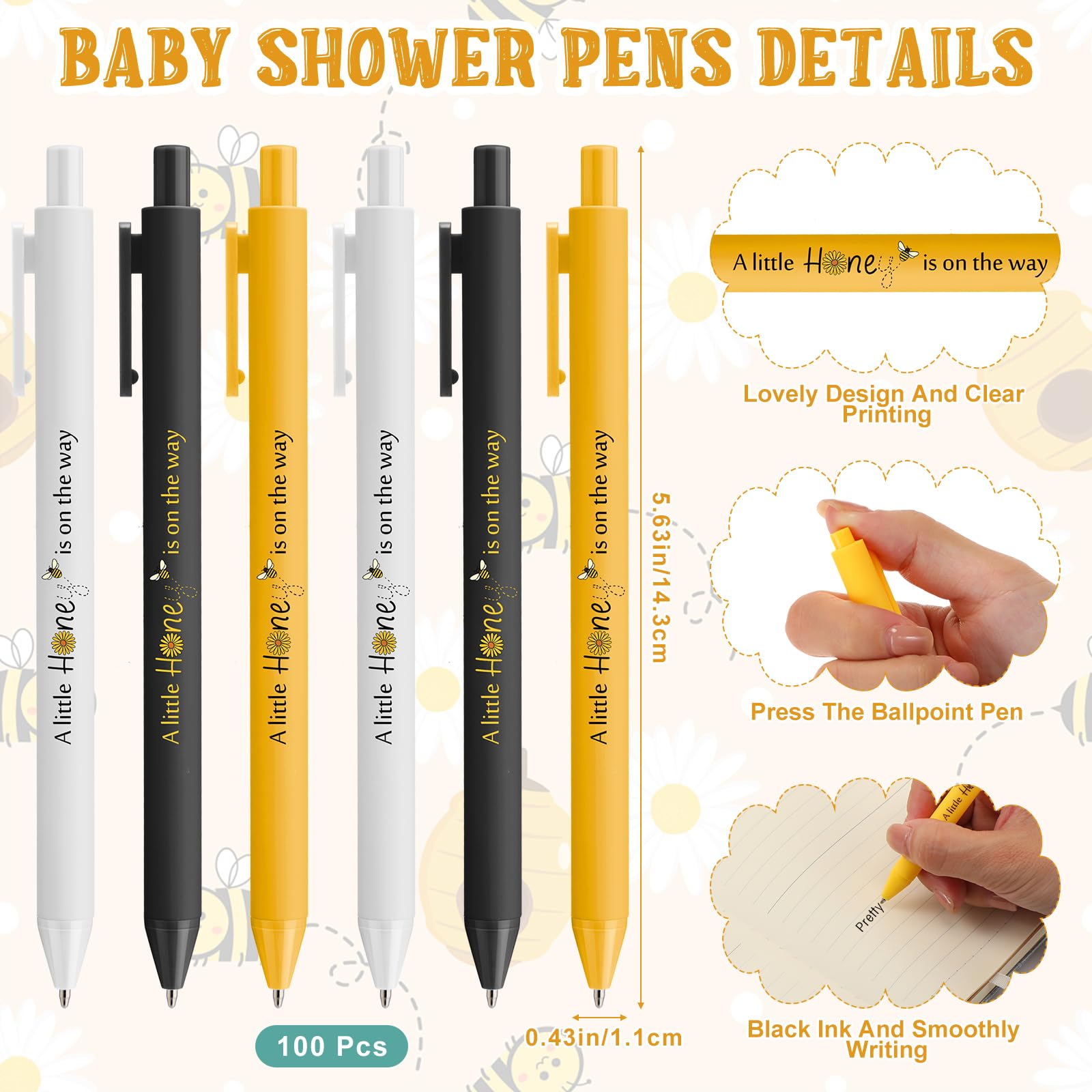 Engrowtic 100 Set Bee Baby Shower Gifts Pens for Guest Bee Themed Baby Shower Party Favors