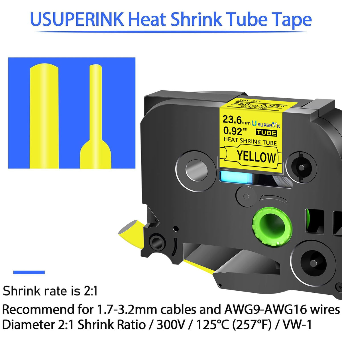 USUPERINK 2PK Compatible for Brother P-Touch HSe-651 HSe651 HS-651 HS651 Black on Yellow 23.6mm
