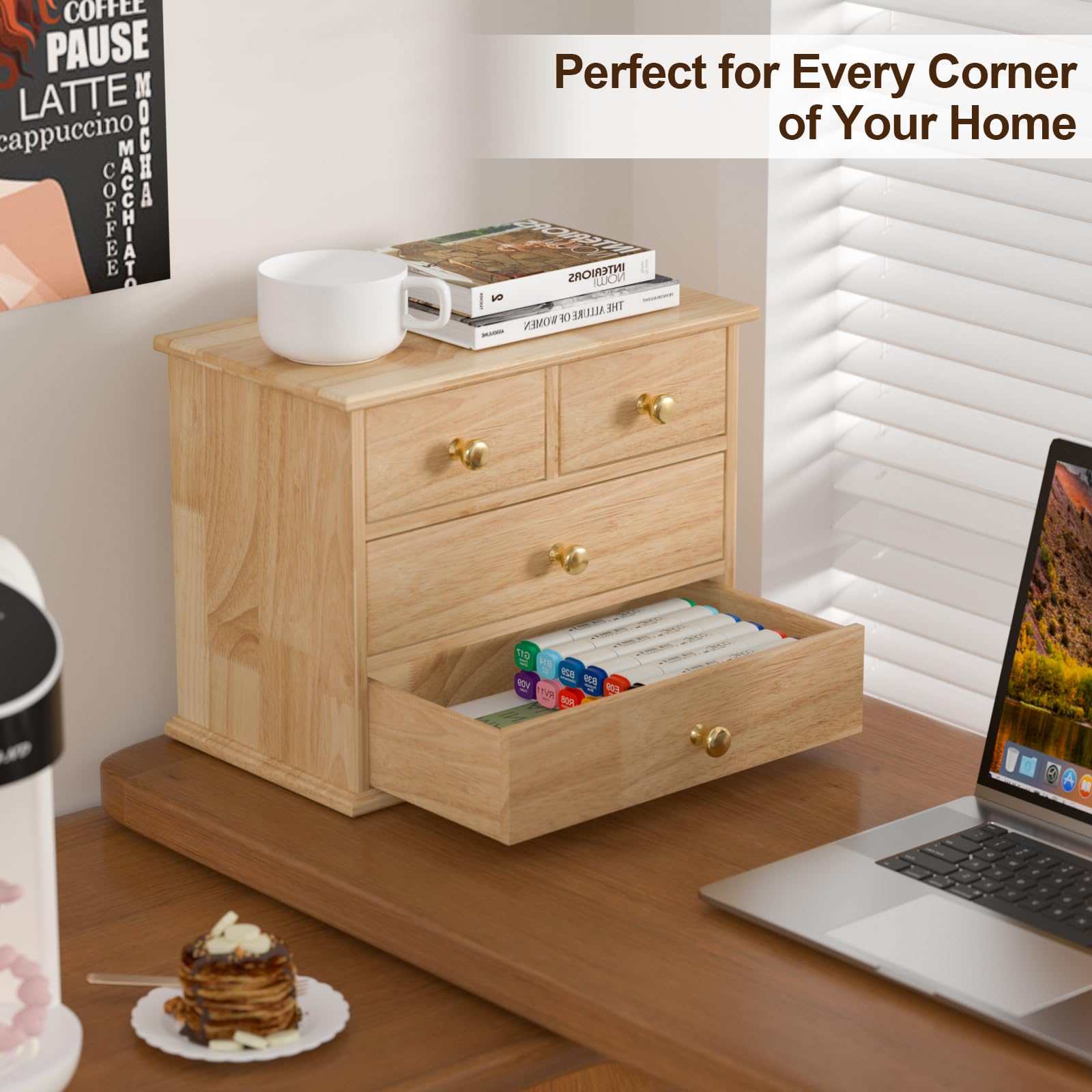 Oak Desk Organizer with Drawers, Durable Wooden Desktop Storage Box