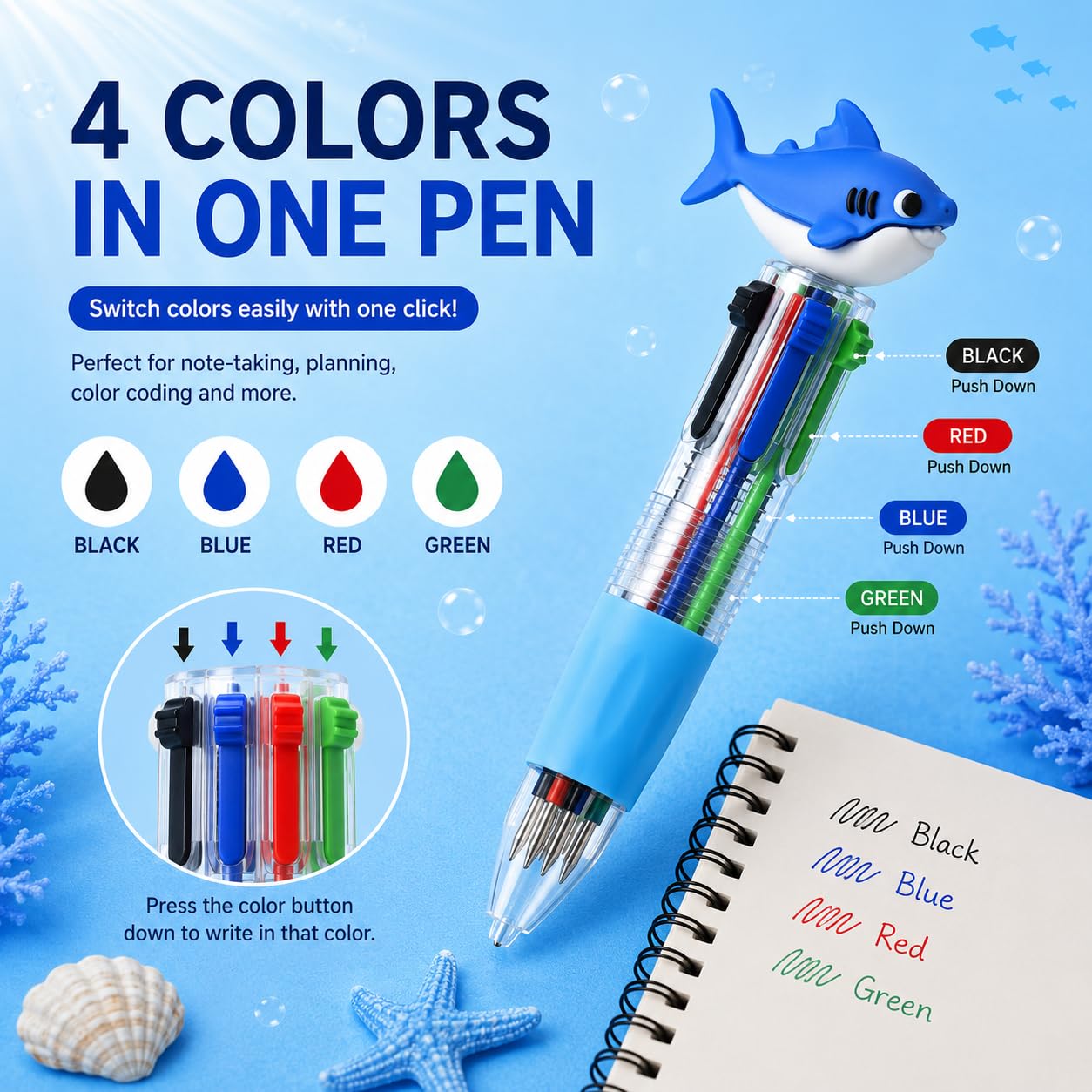 30PCS Ocean Animal Multicolor Pens, 4 Color Ballpoint Pens Bulk, Retractable Novelty Pens with