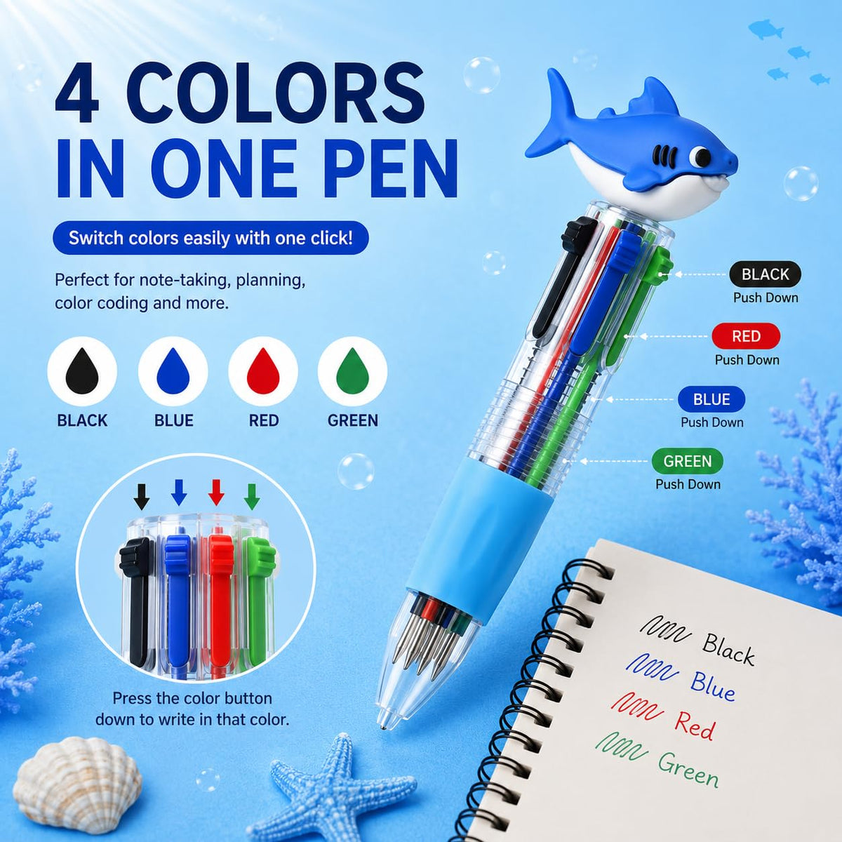 30PCS Ocean Animal Multicolor Pens, 4 Color Ballpoint Pens Bulk, Retractable Novelty Pens with