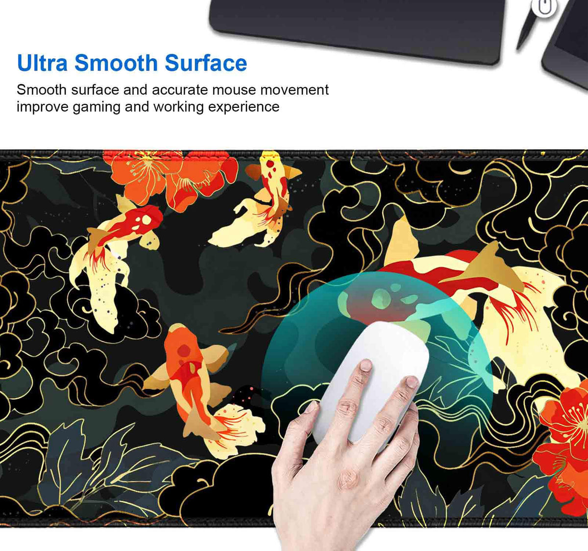 IMAYONDIA Japanese Koi Desk Mat (35.4x15.7 in), Extended Large Gaming Mouse Pad, Long Desk Pad with