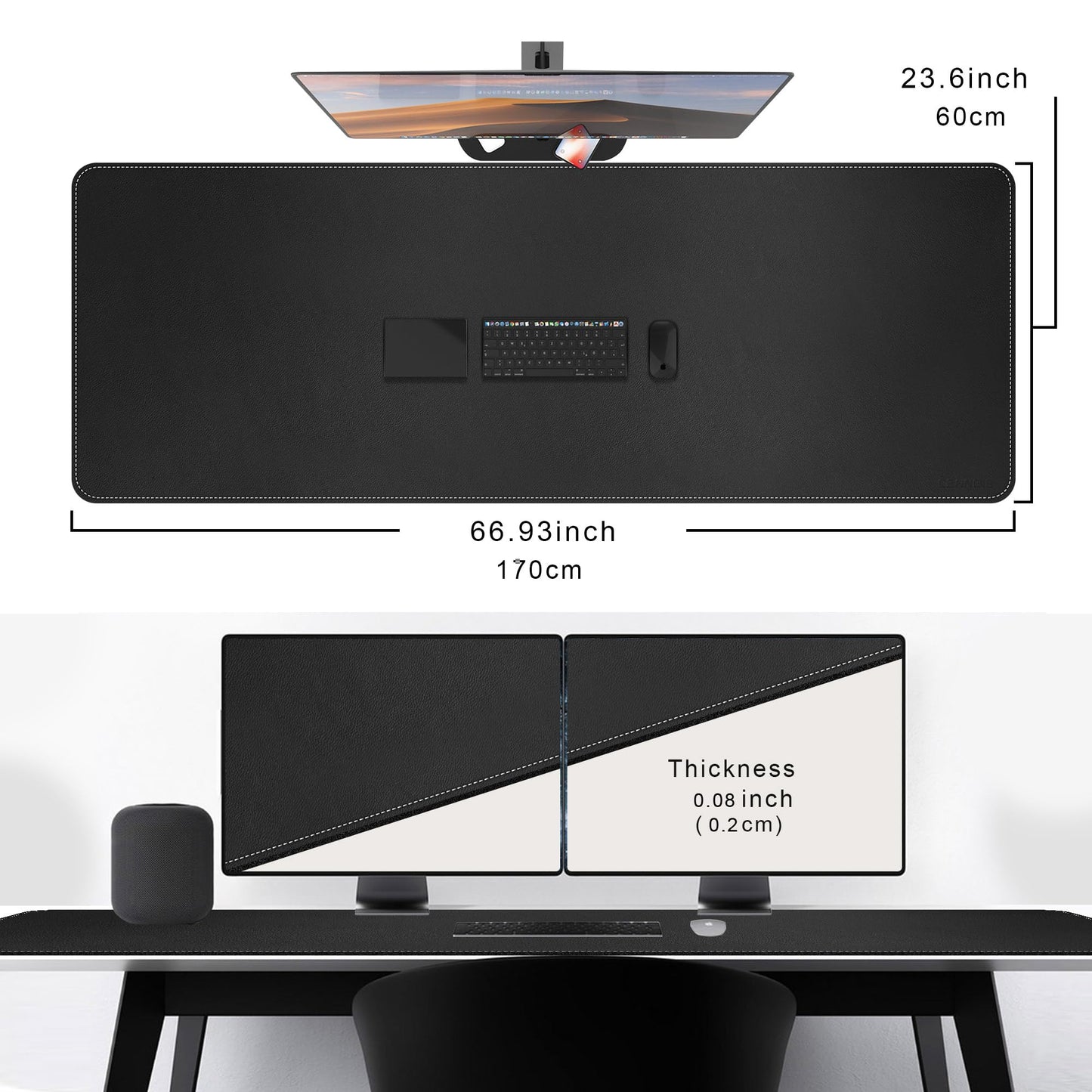 CENNBIE Leather Desk Mat, 66.9" x 23.6" Desk Mat on top of desks (Black)