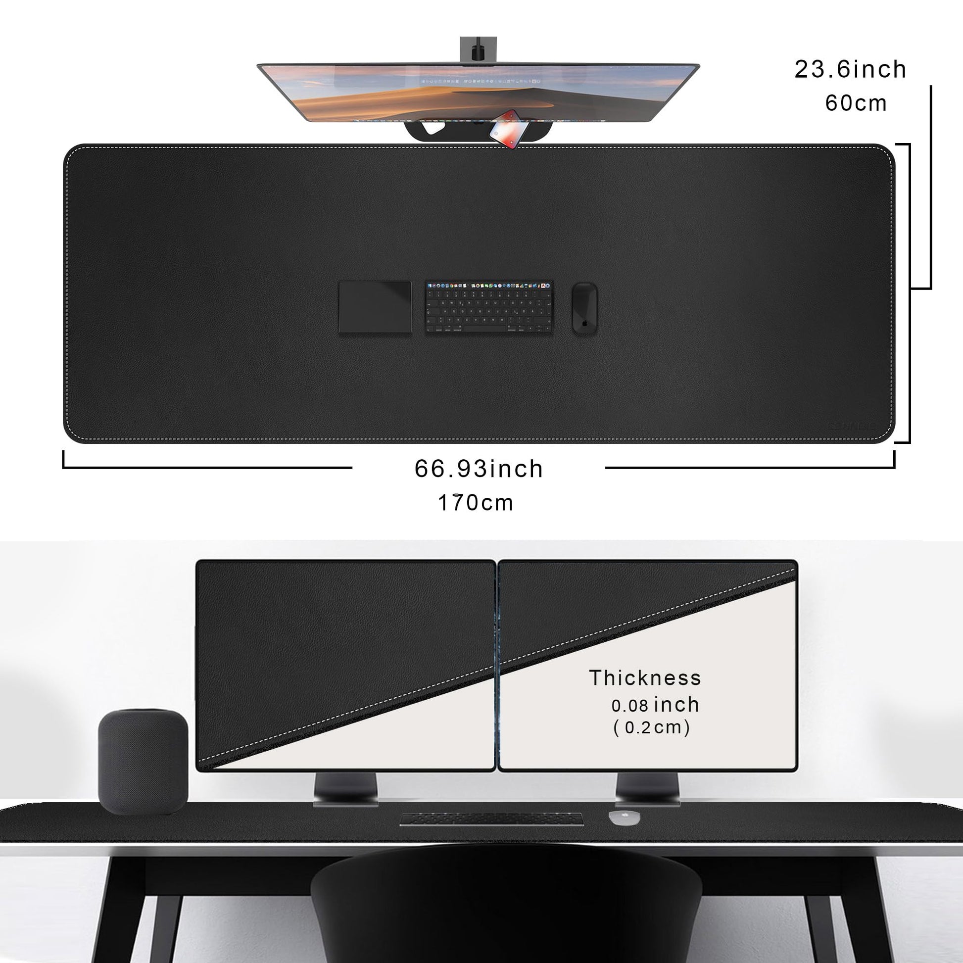 CENNBIE Leather Desk Mat, 66.9" x 23.6" Desk Mat on top of desks (Black)