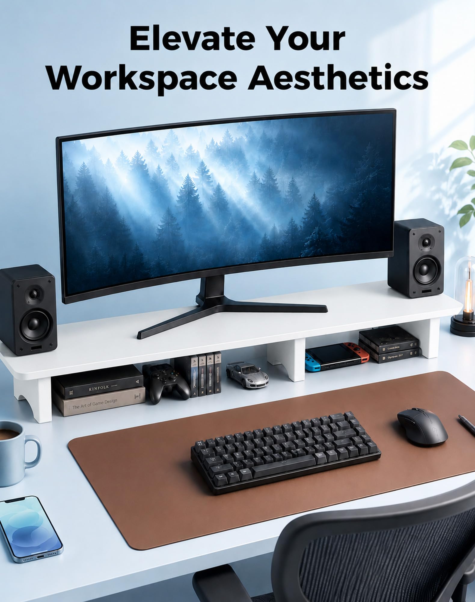 Aothia 43 in White Dual Monitor Stand, Monitor Riser for Desk, Solid Wood