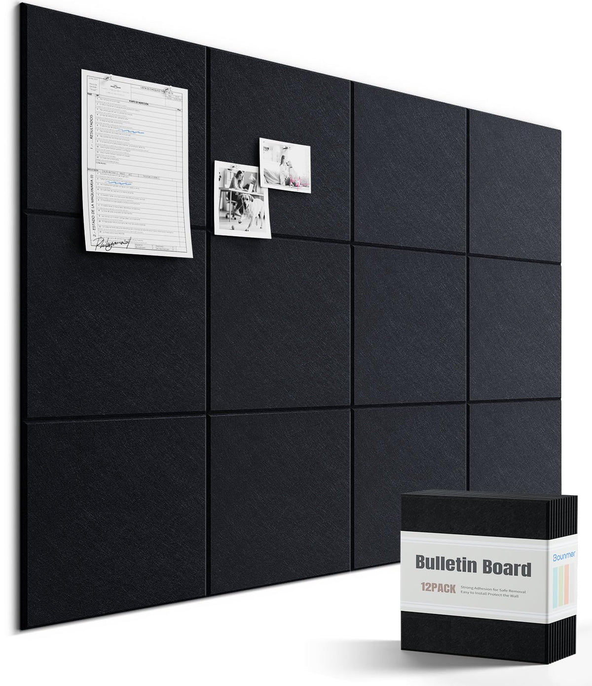 Bounmer Large Cork Bulletin Board - 48" x 36" Cork Board for Walls - 12 Pack Felt Tiles, 60