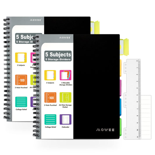 MOWEE 5 Subject Notebook, 2 Pack College Ruled Notebook with Storage Divider Pockets, Index Tabs