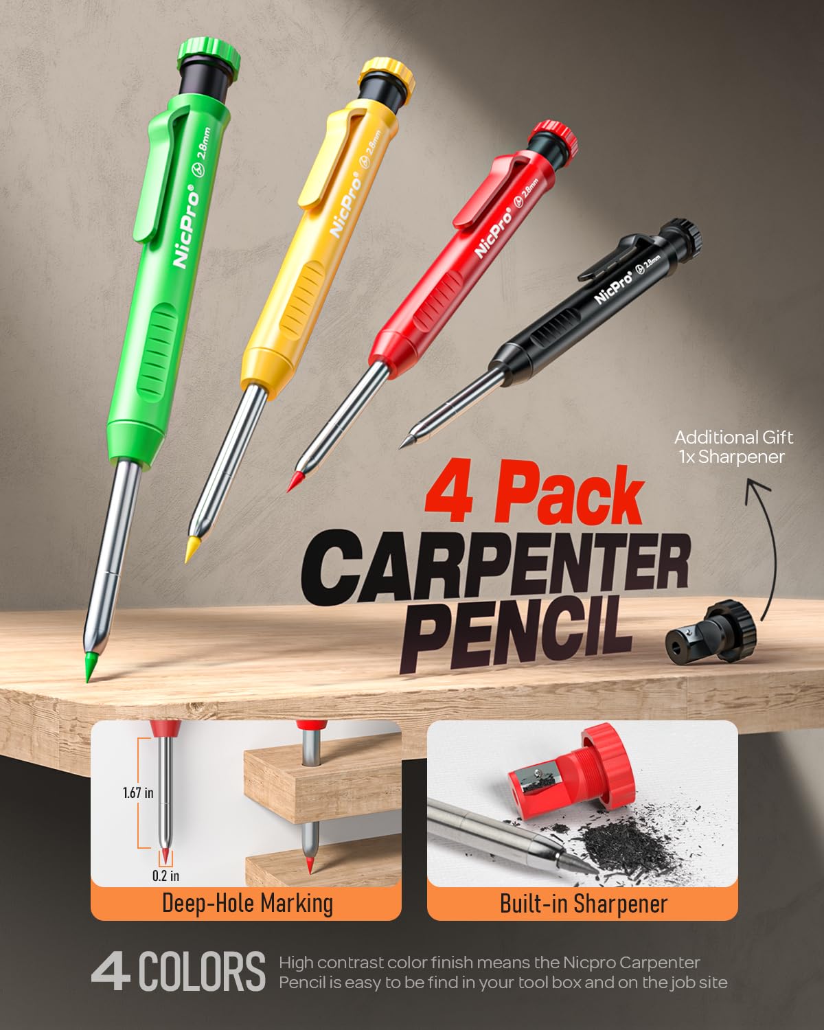 Nicpro 4 Pack Carpenter Pencils with Sharpener & Holster, Carpenter Tools