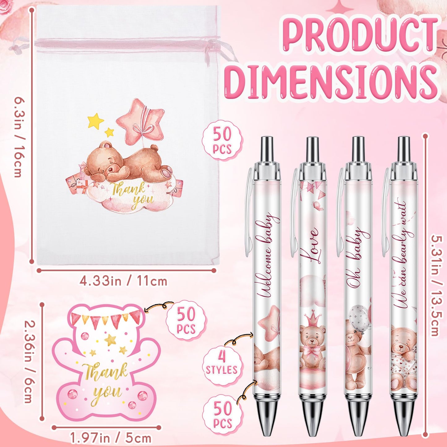 Chuangdi 50 Sets Baby Shower Favors Gifts for Guests Includes 50 Pcs Ballpoint Pens, Thank You