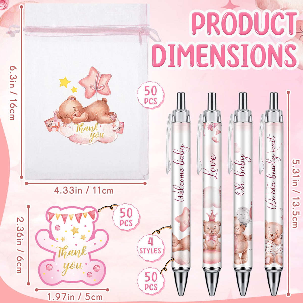 Chuangdi 50 Sets Baby Shower Favors Gifts for Guests Includes 50 Pcs Ballpoint Pens, Thank You
