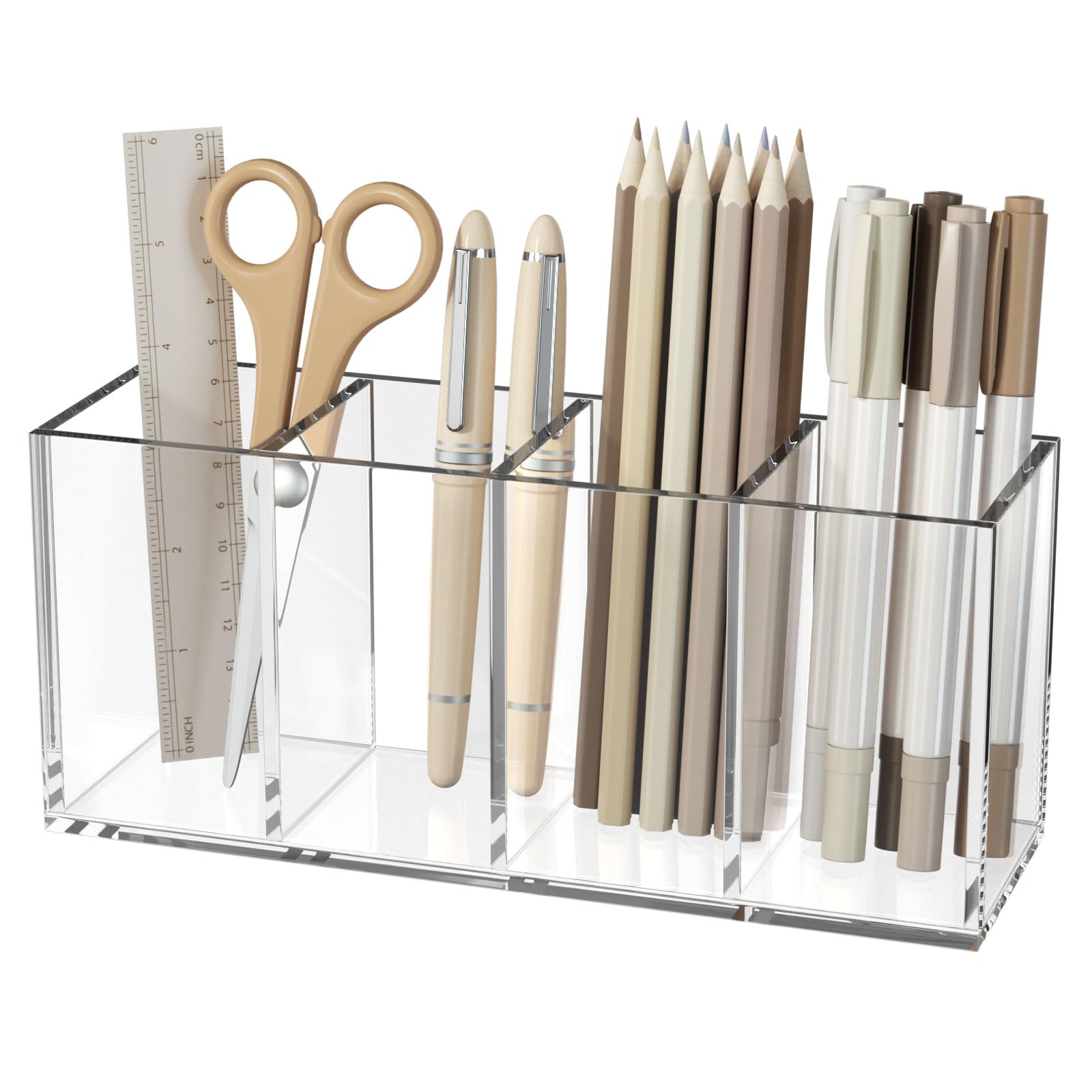 NIUBEE Acrylic Pen Holder 4 Compartments, Clear Desk Pencil Organizer Cup