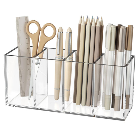 NIUBEE Acrylic Pen Holder 4 Compartments, Clear Desk Pencil Organizer Cup