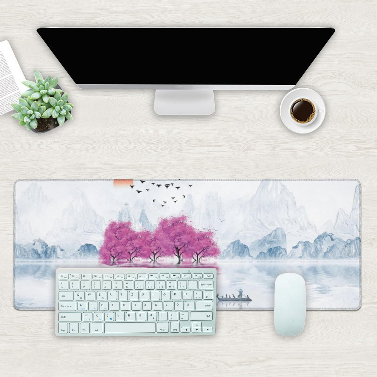 Desk Mat, Cherry Blossom Tree Oil Ink Painting Extended Gaming Mouse Pad Large, 31.5"x11.8" Big