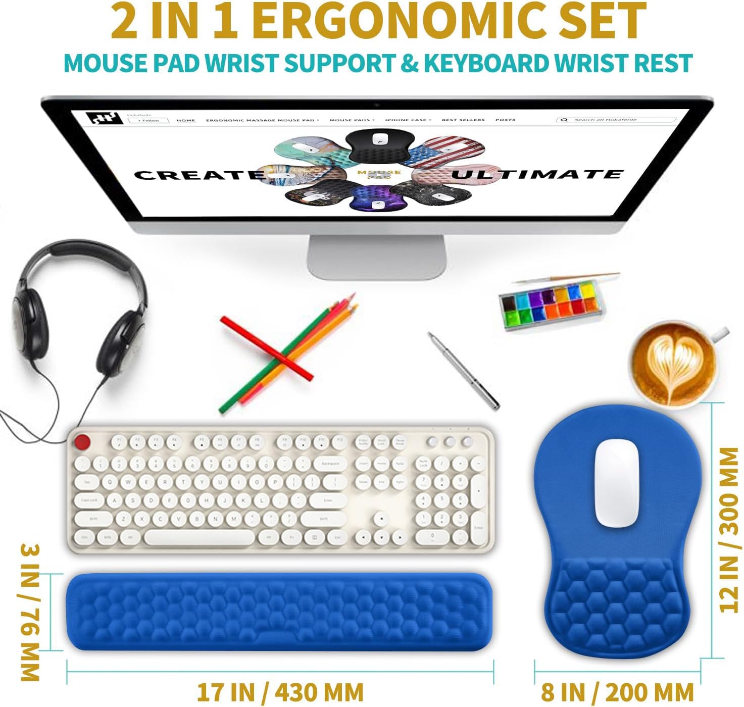 Hokafenle 2 in 1 Ergonomic Mouse Pad Wrist Support & Wrist Rest for Computer Keyboard Set, with