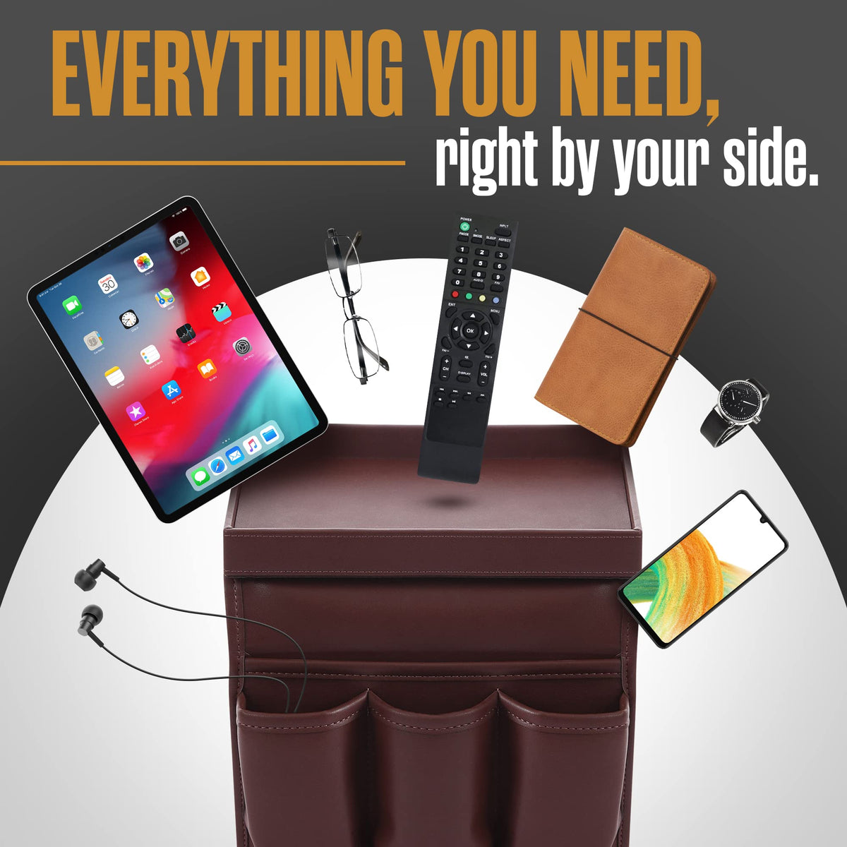 Armchair Caddy, Recliner Accessories, Armrest Organizer, Brown