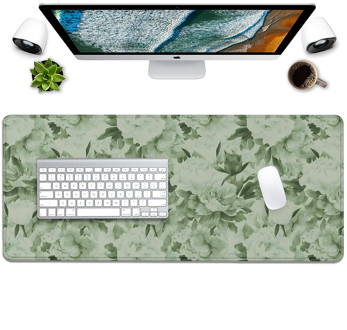 Sage Green Floral Desk Pad Extended Mouse Pad,Large Gaming Floral Mouse Mat with Stitched