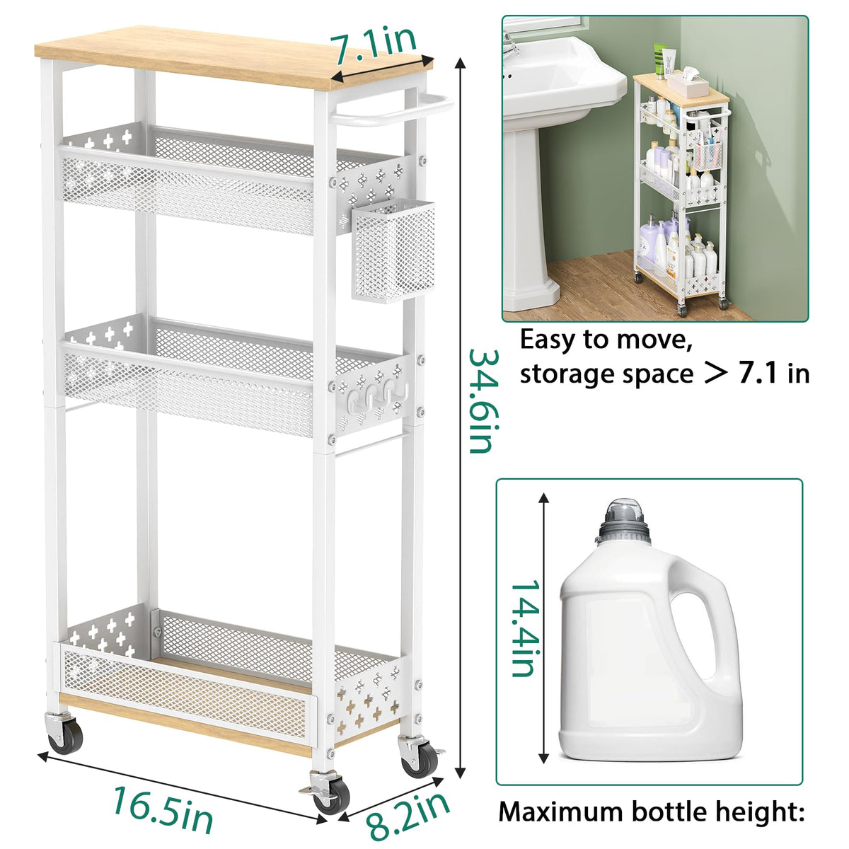 XYZLVSI Slim Rolling Storage Cart, 4 Tier Narrow Shelf for Small Spaces