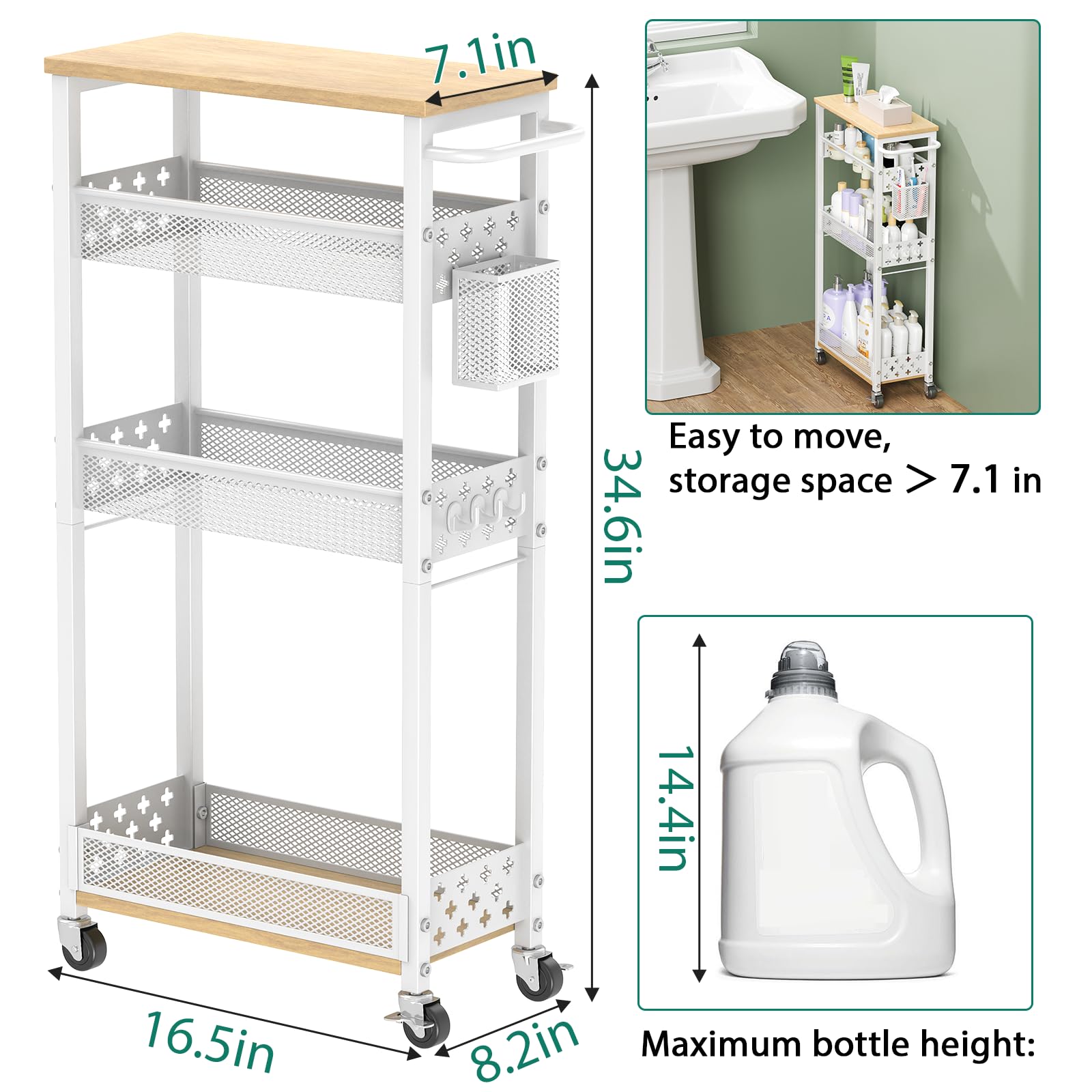 XYZLVSI Slim Rolling Storage Cart, 4 Tier Narrow Shelf for Small Spaces