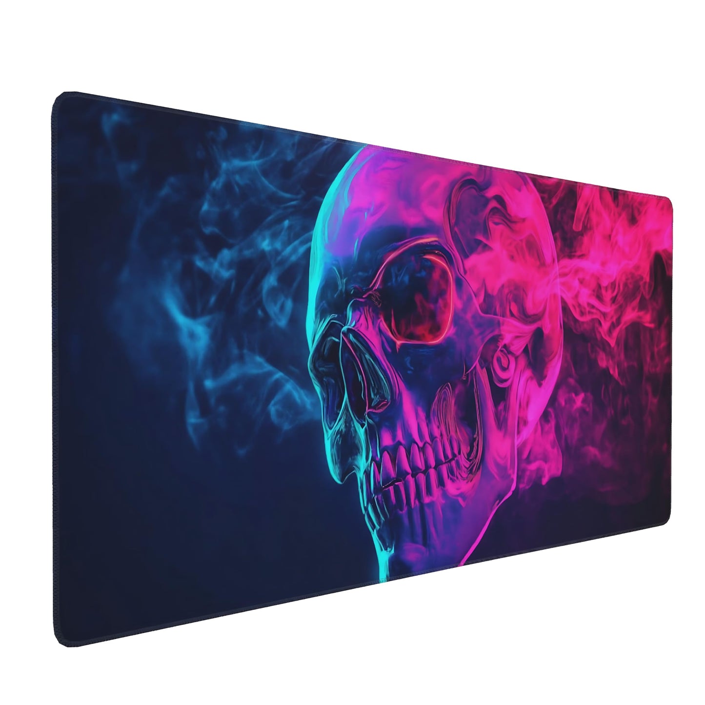 Aesthetic Skull Gaming Mouse Pad, Blue Pink Cyber Desk Mat with Anti-Slip Base & Stitched