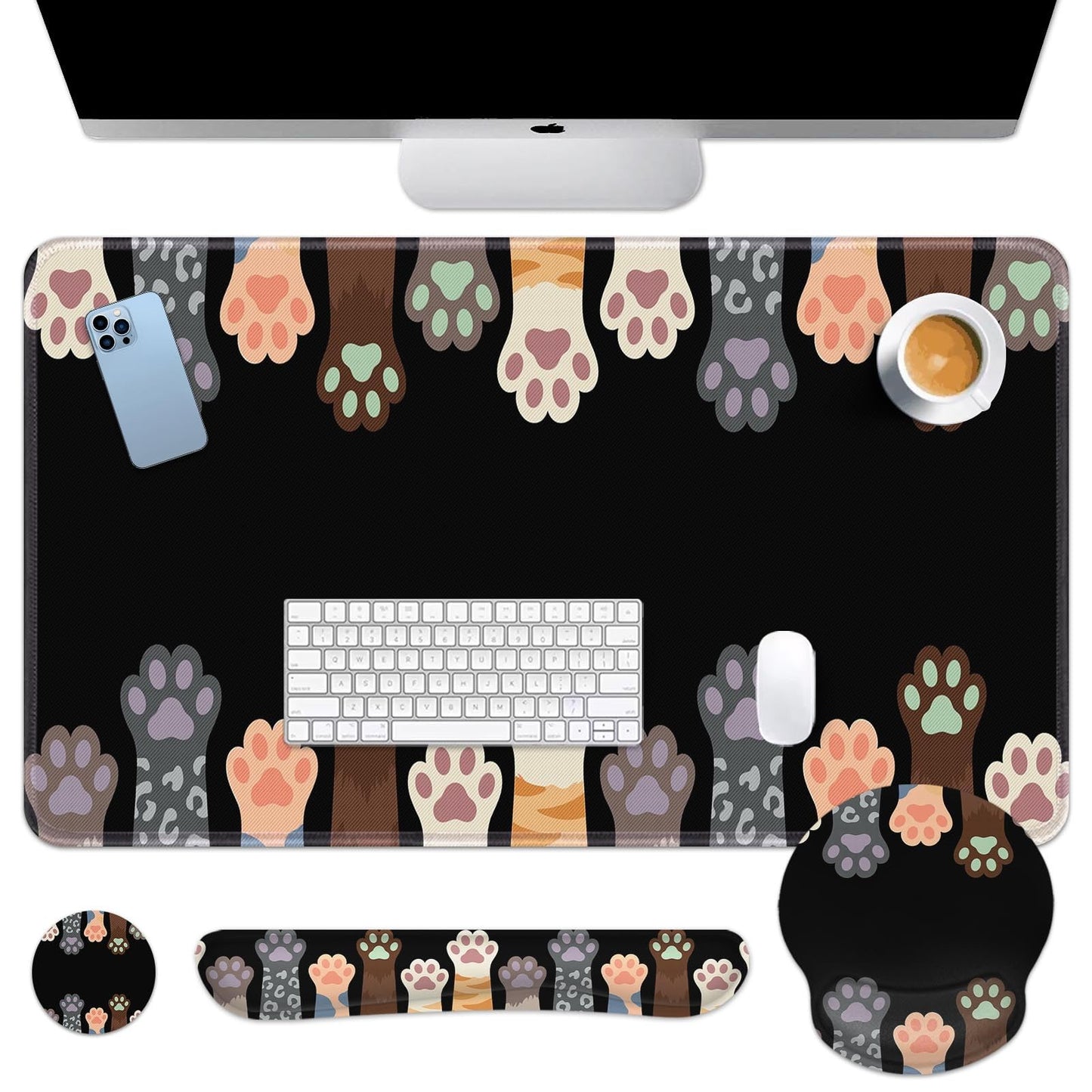 Arttown Keyboard Mouse Pad Set, 4 in 1 Desk Mat Set Cat Dog