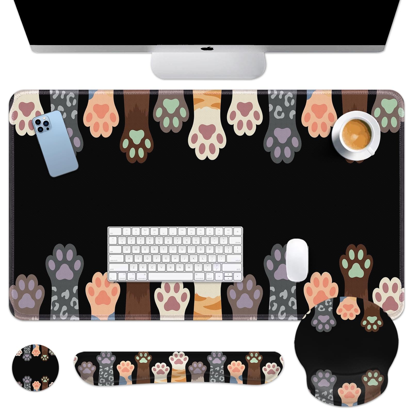 Arttown Keyboard Mouse Pad Set, 4 in 1 Desk Mat Set Cat Dog
