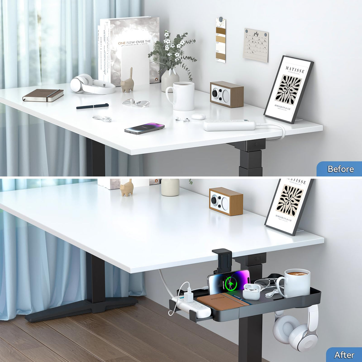 KDD Under Desk Organizer - 360° Rotating Clamp-On Tray with Headphone Hook, Phone & Tablet Holder