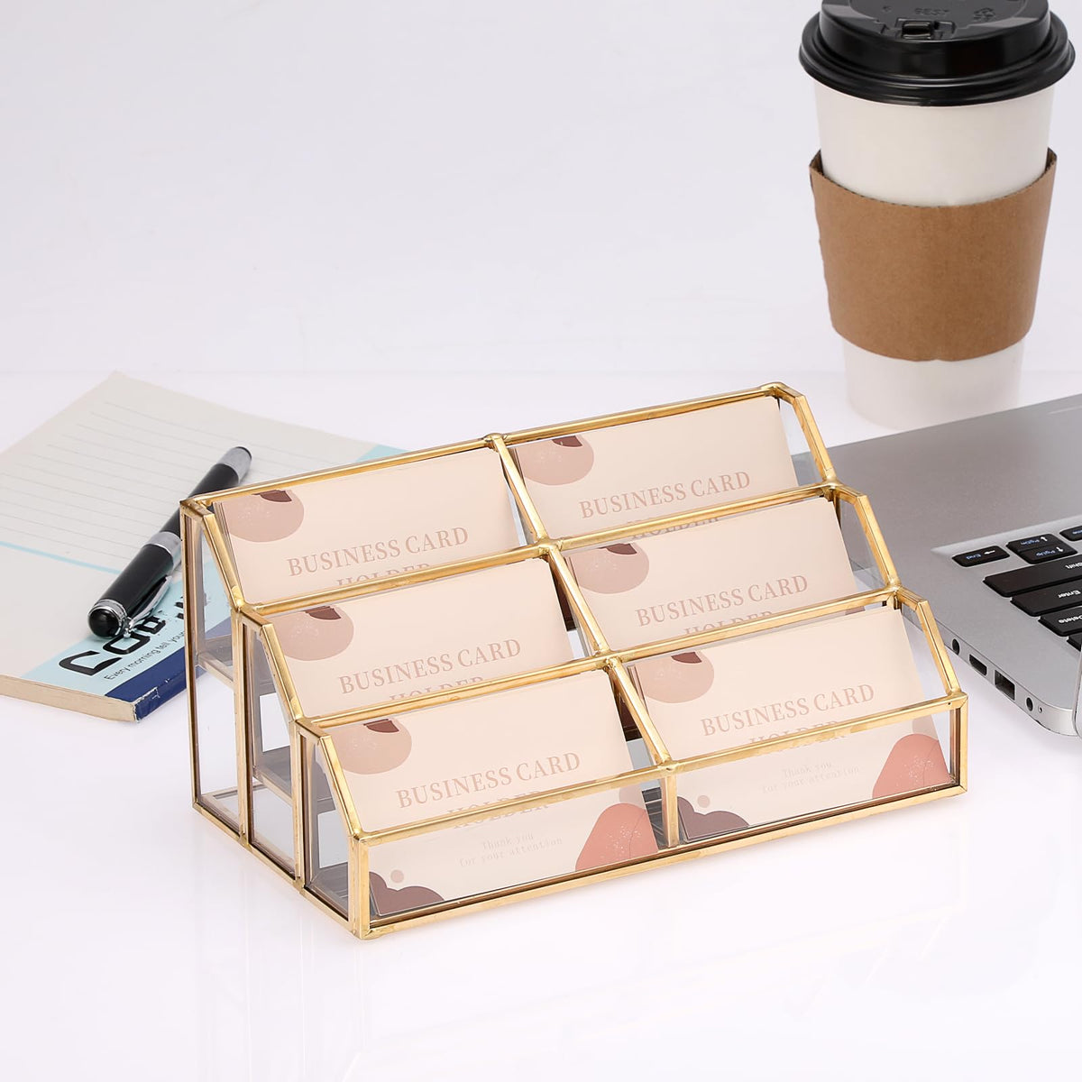 Hipiwe Gold Glass Business Card Holder for Desk, 6-Slot Can Holds 400 Cards