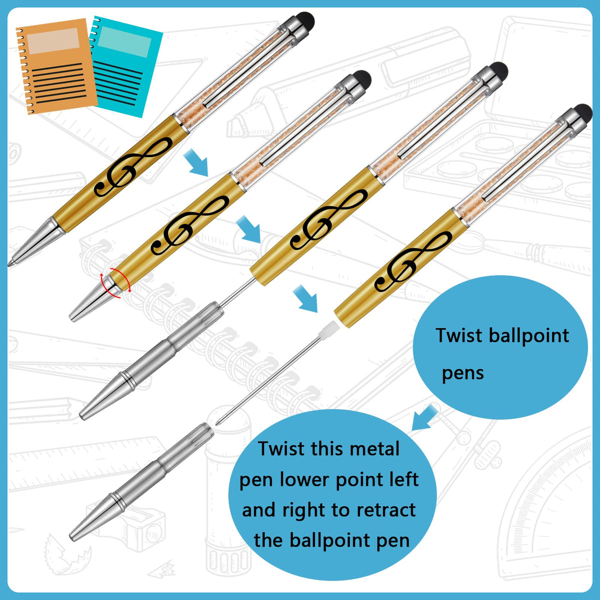 Outus 24 Pieces Stylus Music Pen 2-in-1 Piano Student Gift Crystal Ballpoint Retractable Pen