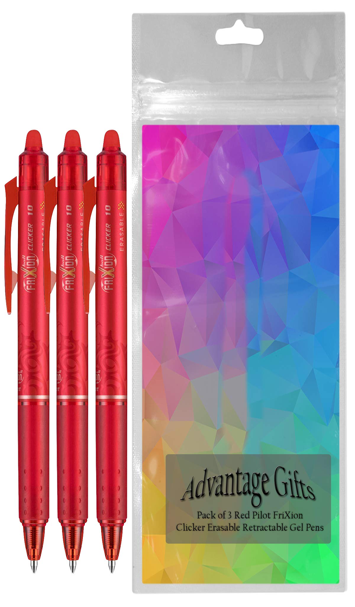 Clicker Retractable Erasable Gel Pen, Red, Bold Point, 3-pk;