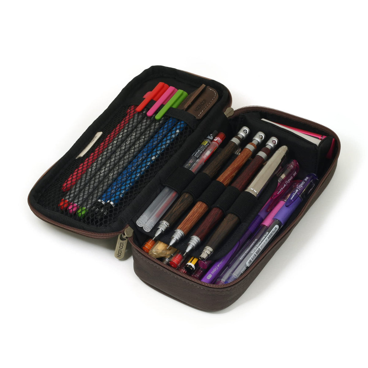 LOONLOON 664 Wood PU Leather Pencil Case, Two-Tier Pen Pouch, Dark Brown