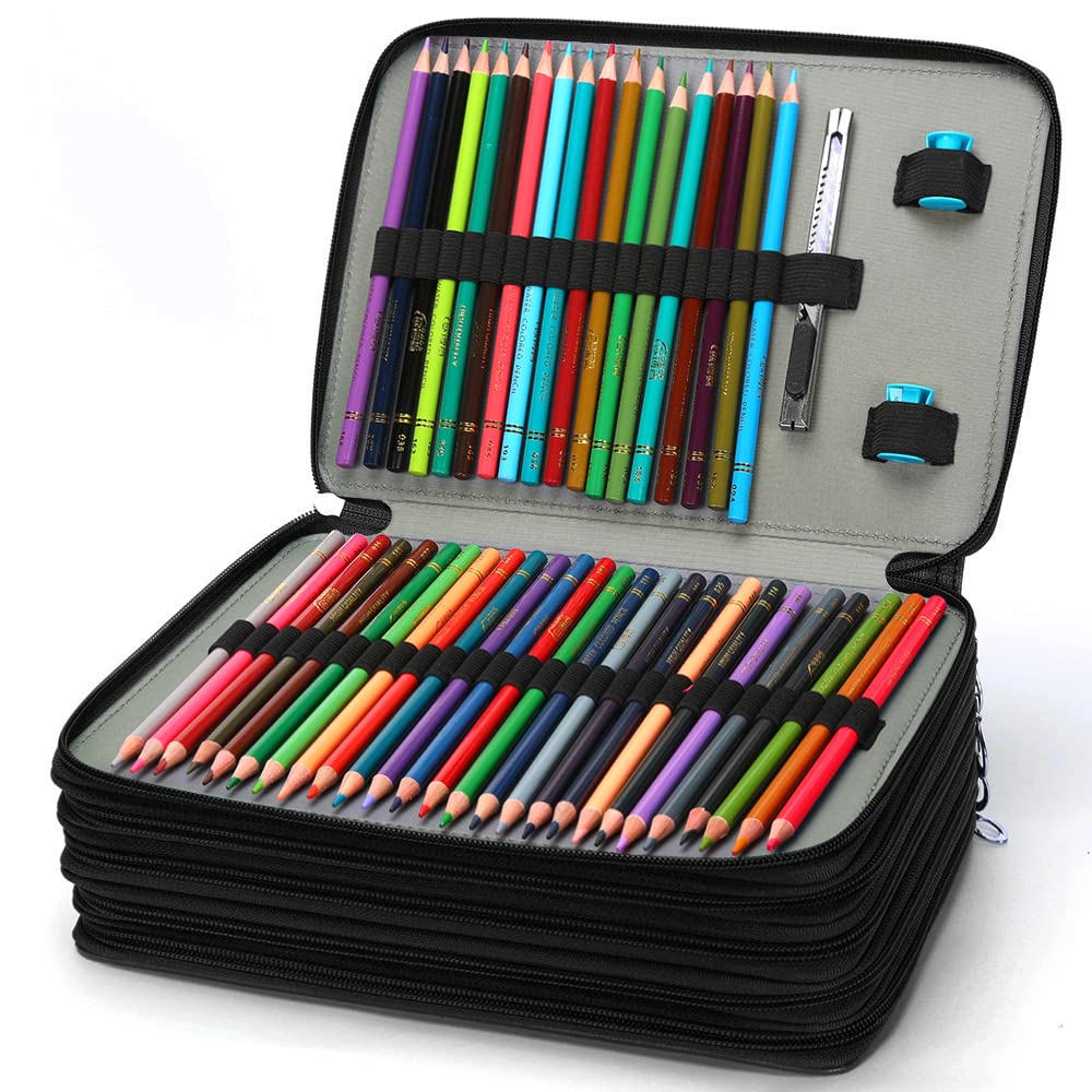 Vomgomfom 252 Slots Pencil Case 5-Layer PU Leather, Handle, Solid Black