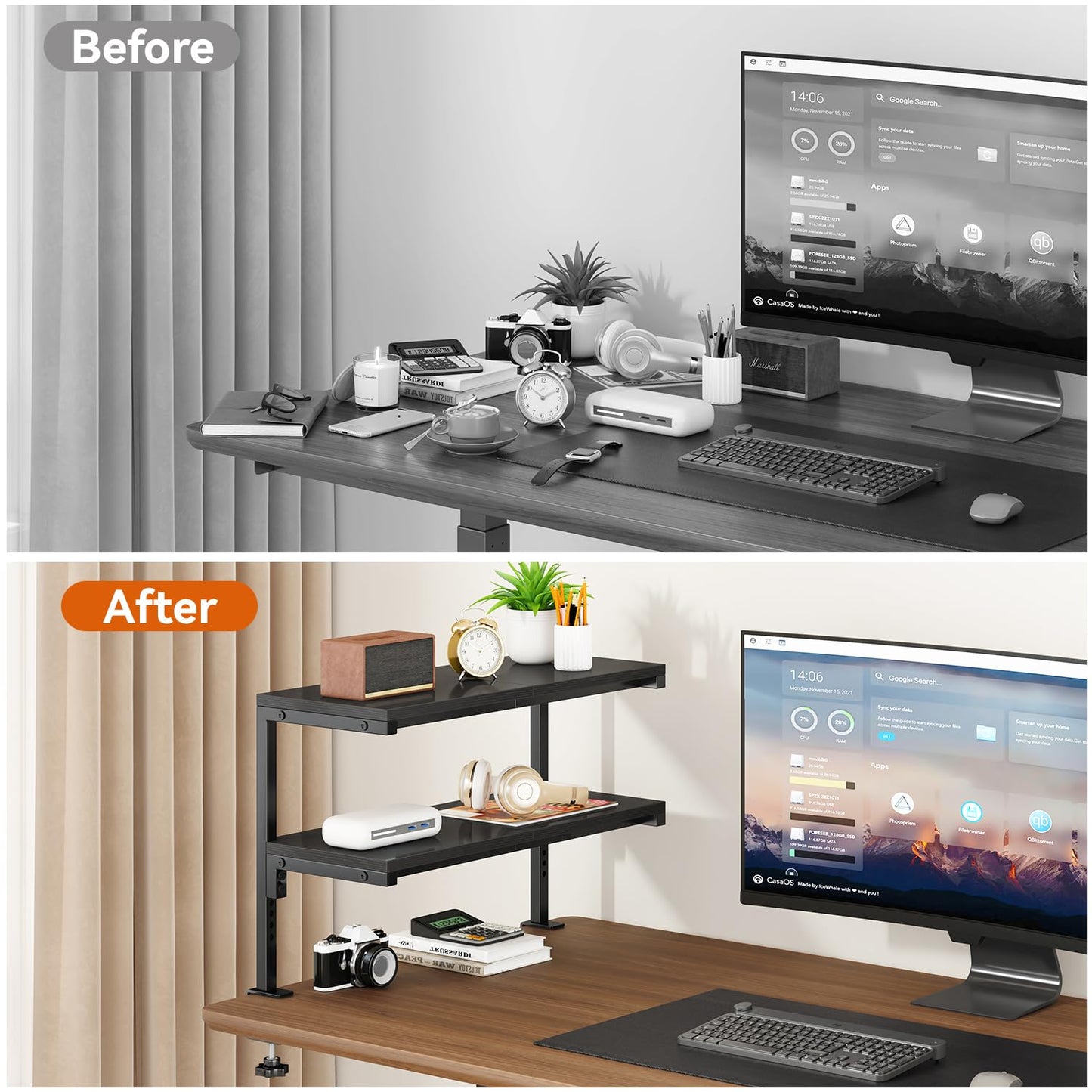 IBUYKE Clamp on Desk Shelf, 22.8” Large Desk Extender Shelves UTMZ010B