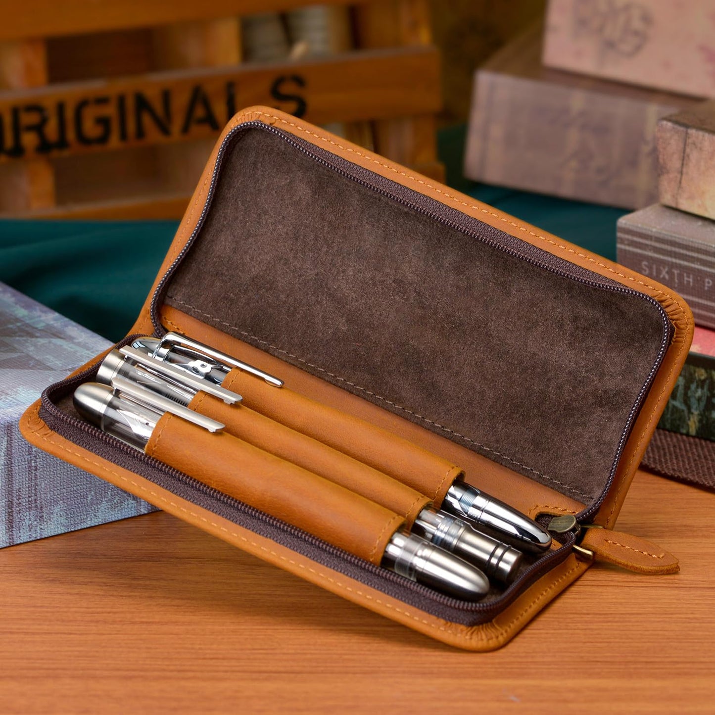 Asvine Fountain Pen Case 3 Divided Slots Crazy Horse Leather Pen Holder, Handmade Display Zippered
