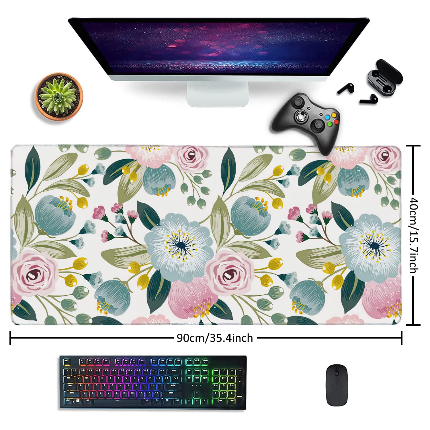Lovely Floral with Spring Flowers Extended Gaming Mouse Pad Large Desk Mat with Non-Slip Rubber