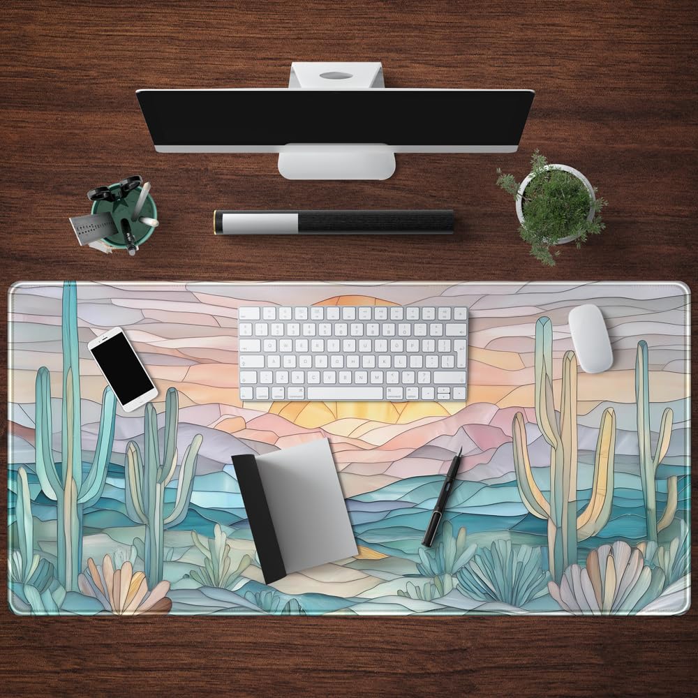 Desk Mat Gaming Abstract Ocean Desk Pad Large Mouse and Keyboard Pad, Faux Stained Glass Sun &