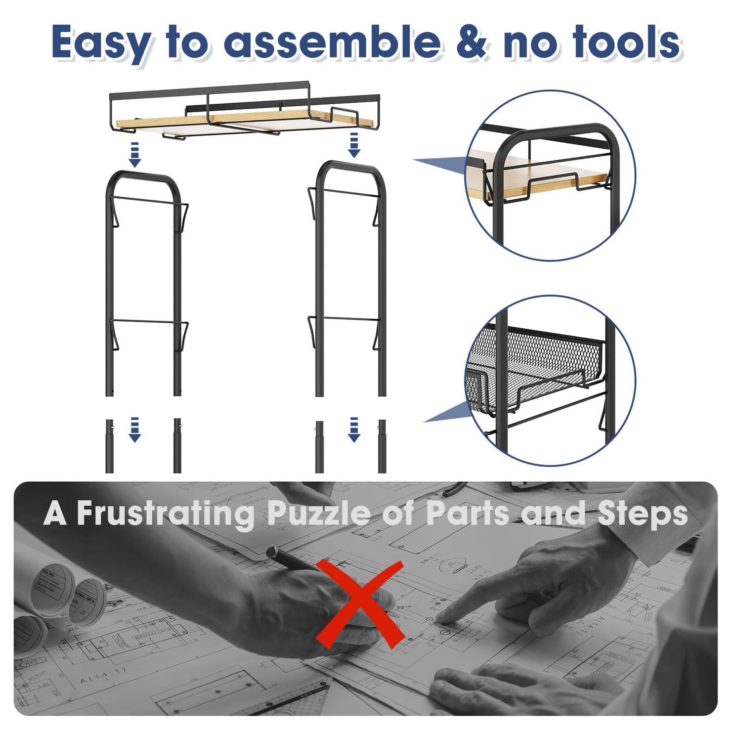 TOOLF 4-Tier Rolling Cart, Metal Utility Cart, Slide Out Storage Cart with Wooden Tabletop and Mesh