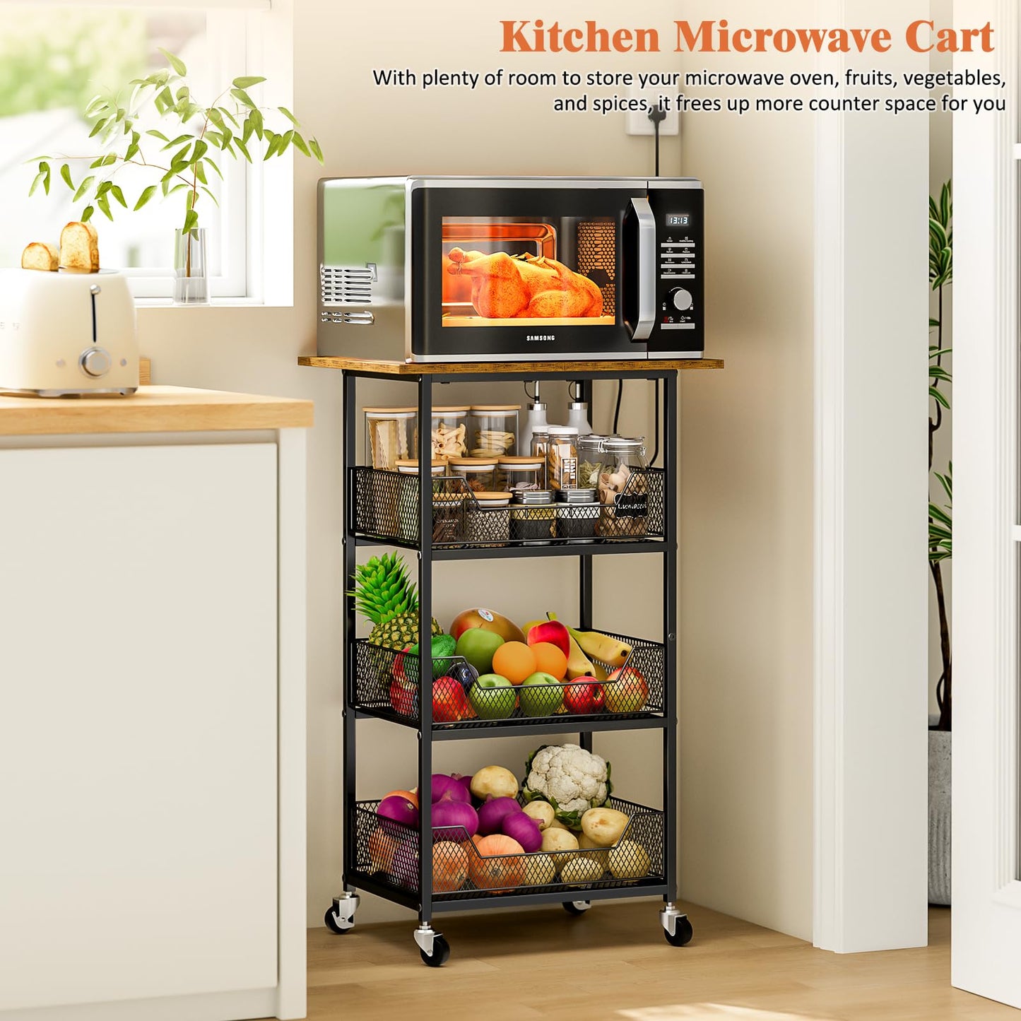 ThreeHio Rolling Kitchen Microwave Cart with Fruit Baskets, 4 Tier Microwave Table Stand with